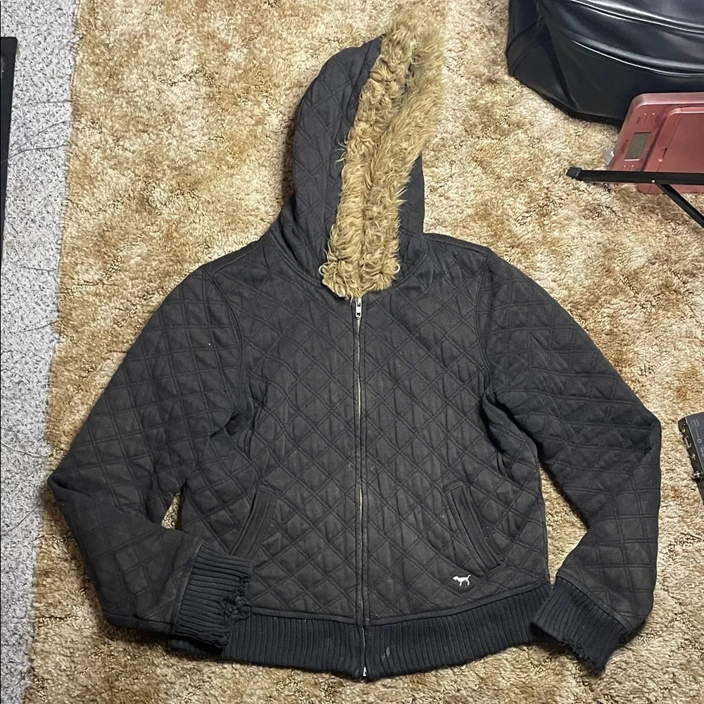 PINK Victoria’s Secret Y2K‎ 2000s Style Zip Up Fur Hood Jacket Size Large